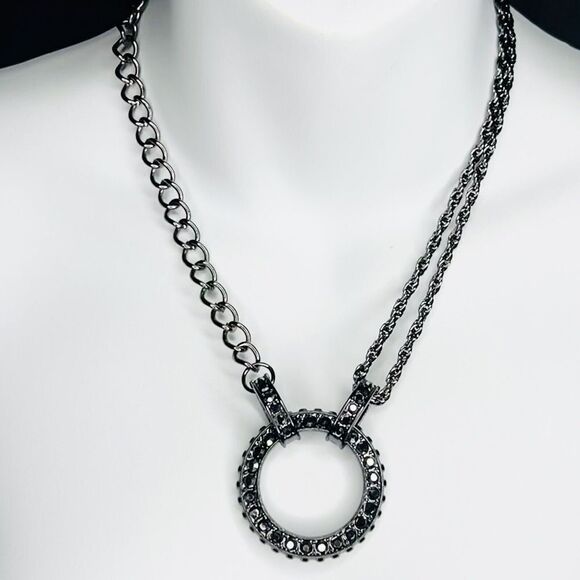 BEAUTIFUL Gun Metal Encrusted Hematite Bib Geometric Pendant Chain Necklace 4036 - Picture 1 of 14